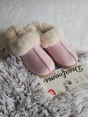 dearfoams Blush Pink Faux Fur Cuff Slip-On Slippers